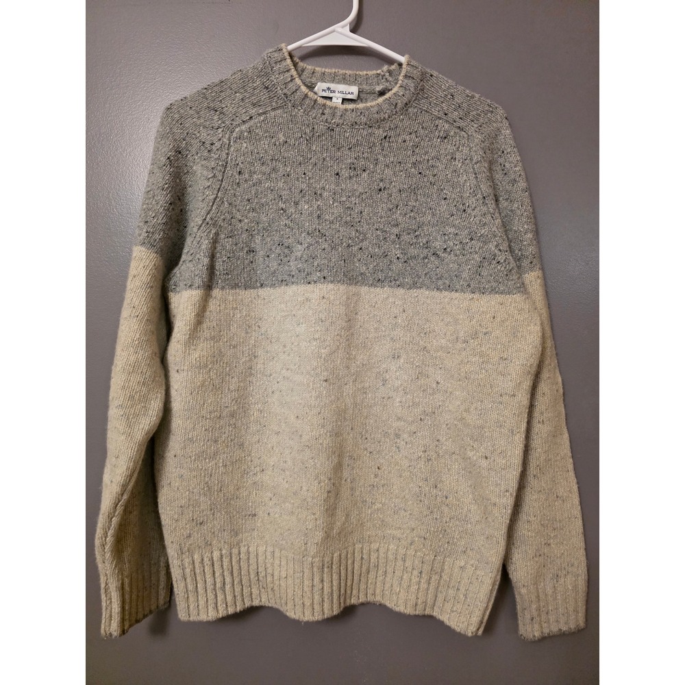 Peter Millar Merino Wool Alpaca Colorblock Flecked Crew Neck Sweater GreyCream S